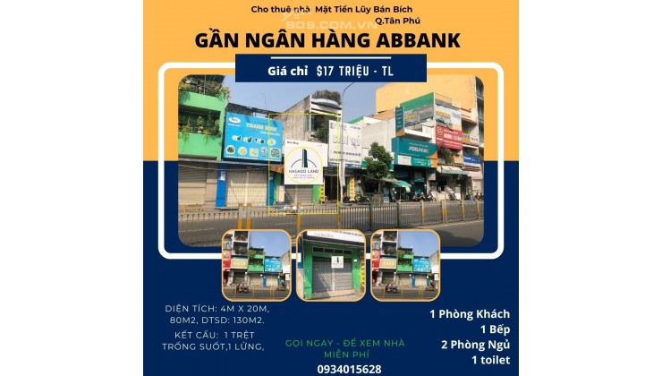 Cho thuê Nhà Mặt Tiền Lũy Bán Bích 80m2, 17 triệu, gần Ngân Hàng